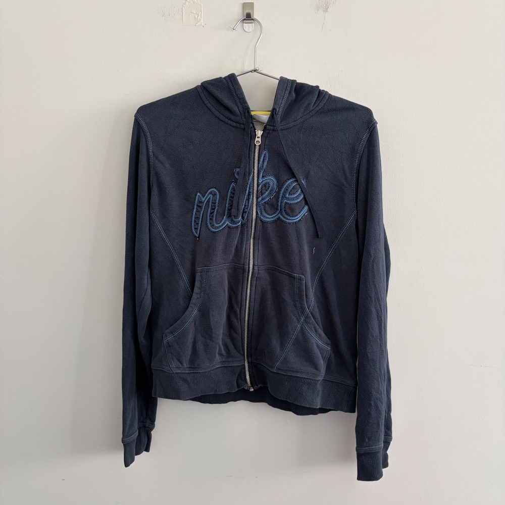 Nike Vintage Zip Up Hoodie Navy Blue Script Logo Large L(12-14)